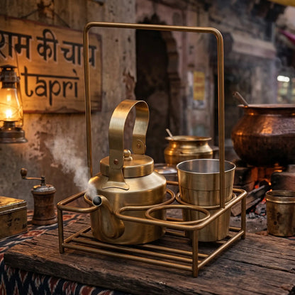 Brass Tapri Tea Set (Set of 3 with Stand) | Cutting Chai Kettle & Glass Set