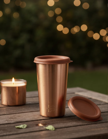 Premium copper drinkware with secure lid