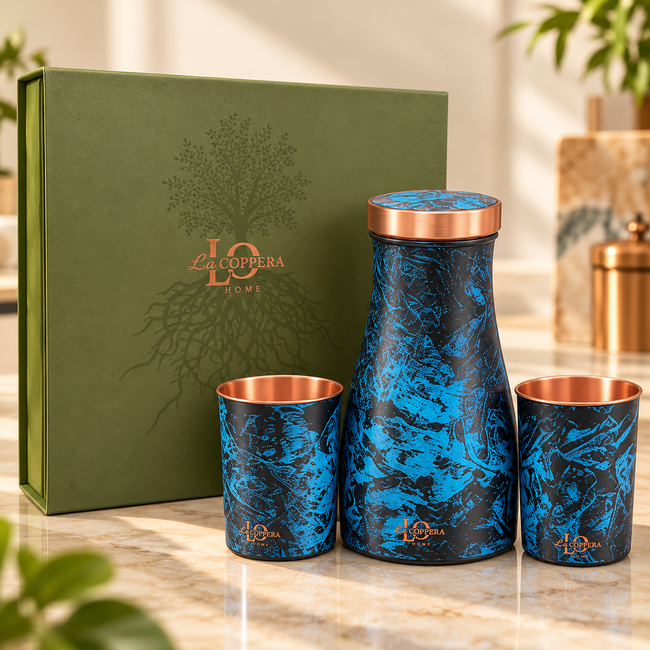LA COPPERA Bedside Copper Carafe Set with 2 Glasses – Premium Gift Box