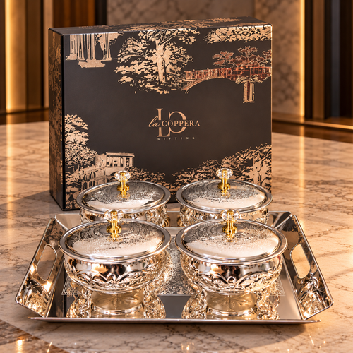 LA COPPERA Aurelia Silver Plated Bowl Set of 5 with Serving Tray
