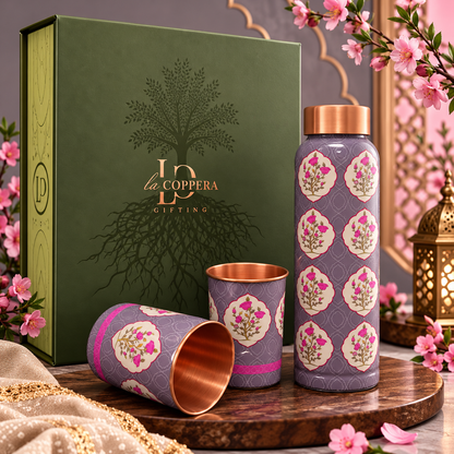 Unique The First Bloom Copper Water Bottle with 2 Matching Copper Glasses | Premium Gift Set | LA COPPERA