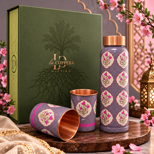 Unique The First Bloom Copper Water Bottle with 2 Matching Copper Glasses | Premium Gift Set | LA COPPERA