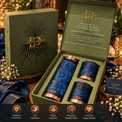 Unique Brush Copper Bottle with 2 Matching Copper Glasses | Premium Gift Set | LA COPPERA