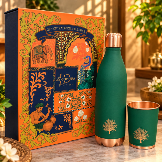 Cosmo Fur Green Copper Water Bottle with Glass | LA COPPERA