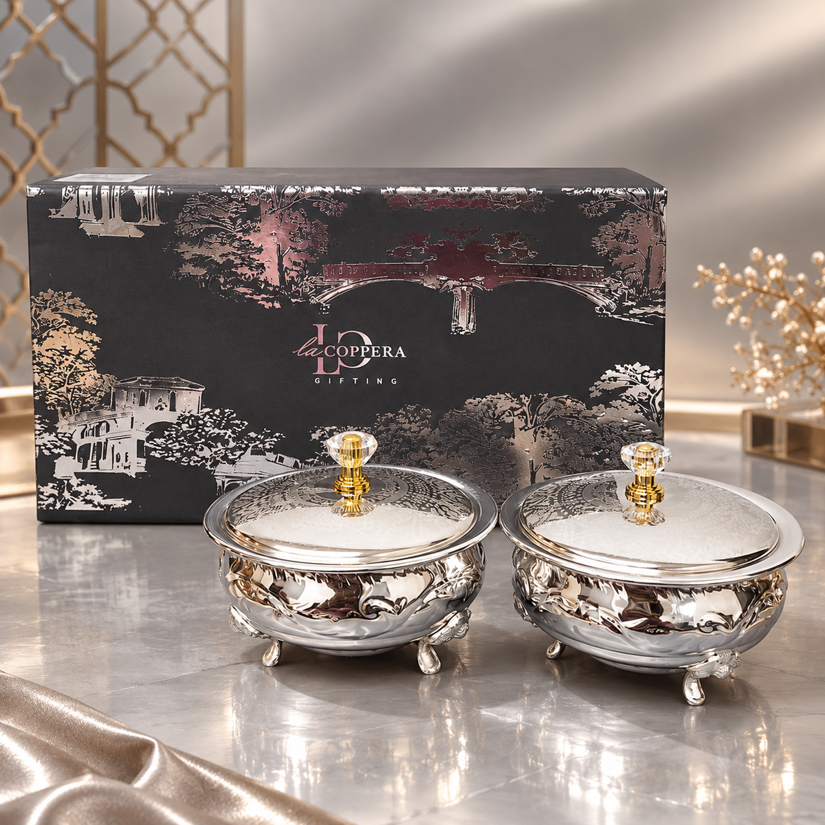 Aurelia Silver Plated Bowl Set of 3 with SS Tray | La Coppera