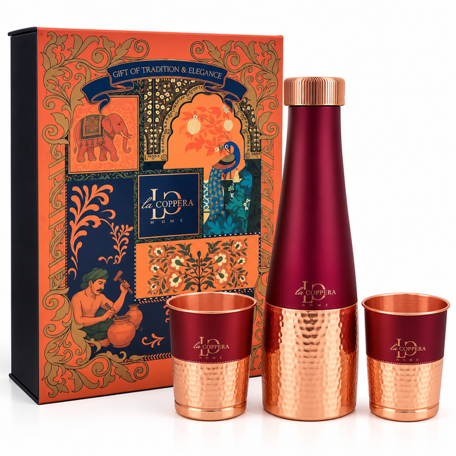 LA COPPERA Choice CoCo Copper Water Bottle with 2 Copper Glasses – 1000 ml