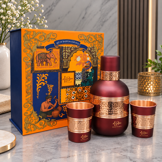 Amritloom Coco Copper Carafe Set with 2 Glasses | Premium Gift Box