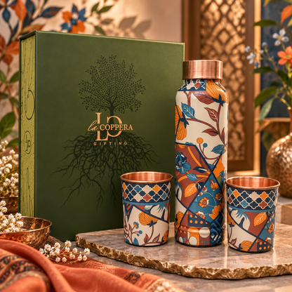 Unique Kaleidoscope Copper Water Bottle with 2 Matching Copper Glasses | Premium Gift Set | LA COPPERA
