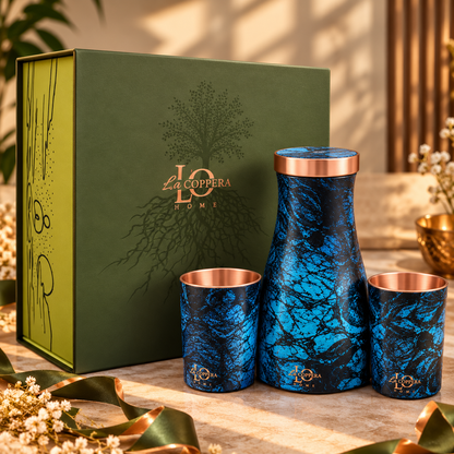 LA COPPERA Bedside Copper Carafe Set with 2 Glasses – Premium Gift Box