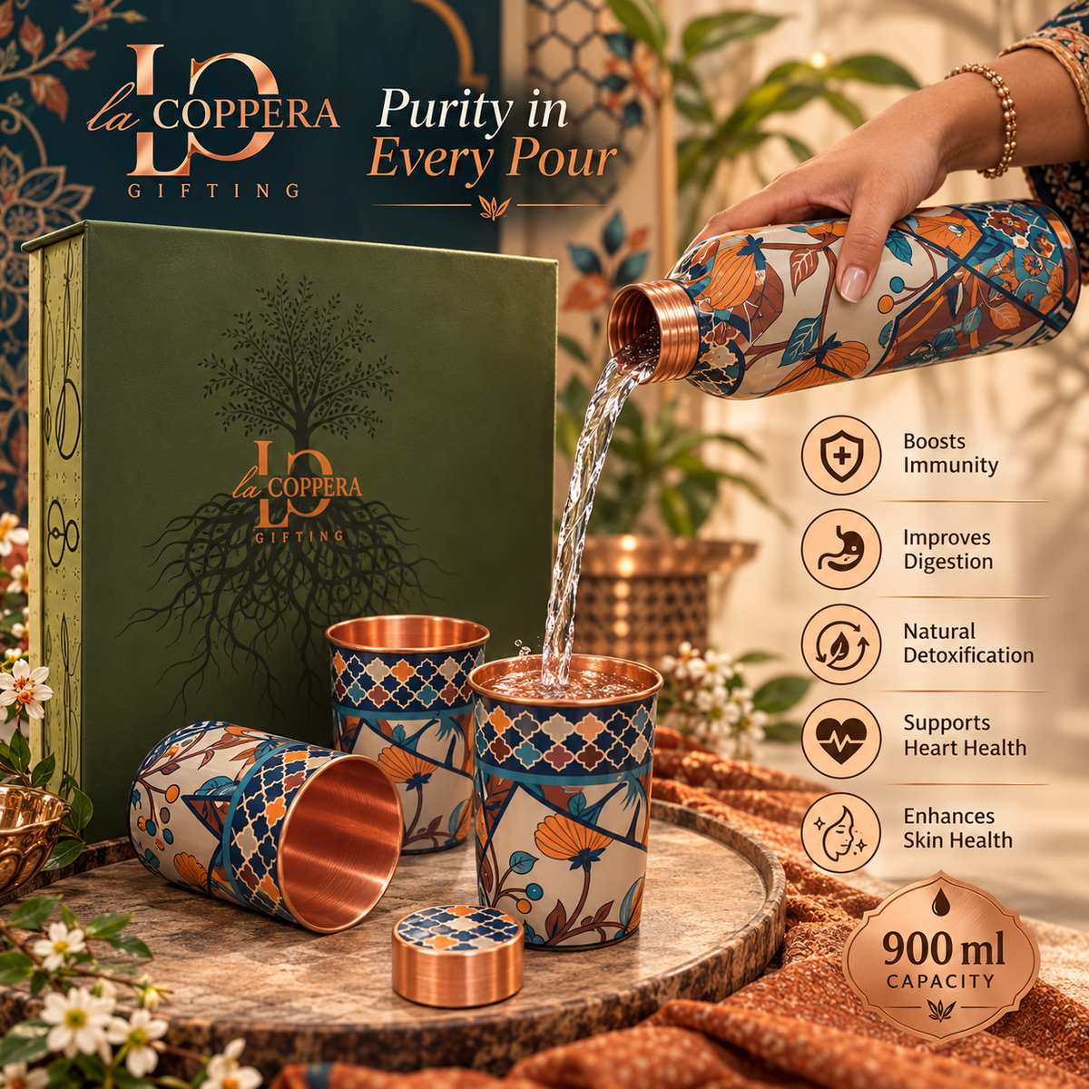 Unique Kaleidoscope Copper Water Bottle with 2 Matching Copper Glasses | Premium Gift Set | LA COPPERA