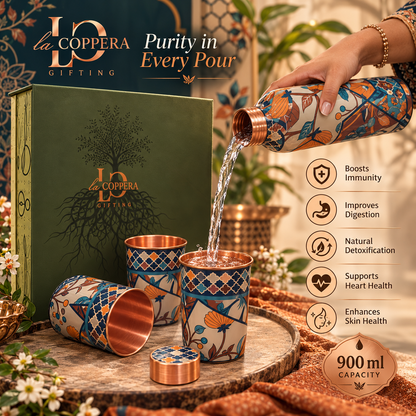 Unique Kaleidoscope Copper Water Bottle with 2 Matching Copper Glasses | Premium Gift Set | LA COPPERA