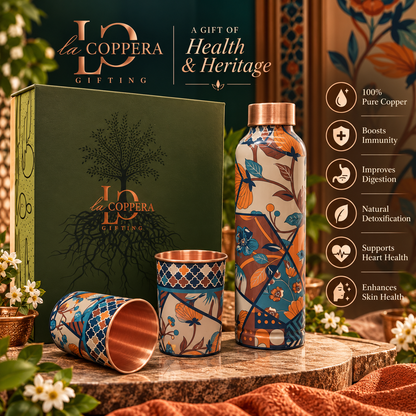 Unique Kaleidoscope Copper Water Bottle with 2 Matching Copper Glasses | Premium Gift Set | LA COPPERA