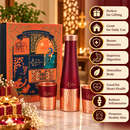 LA COPPERA Choice CoCo Copper Water Bottle with 2 Copper Glasses – 1000 ml