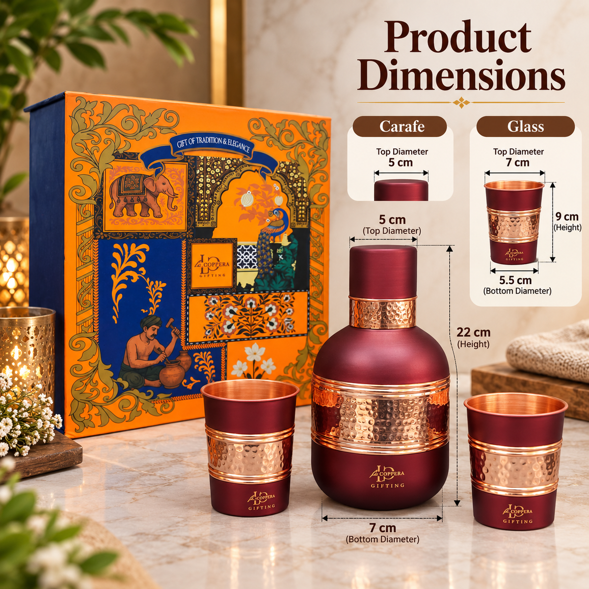 Amritloom Coco Copper Carafe Set with 2 Glasses | Premium Gift Box