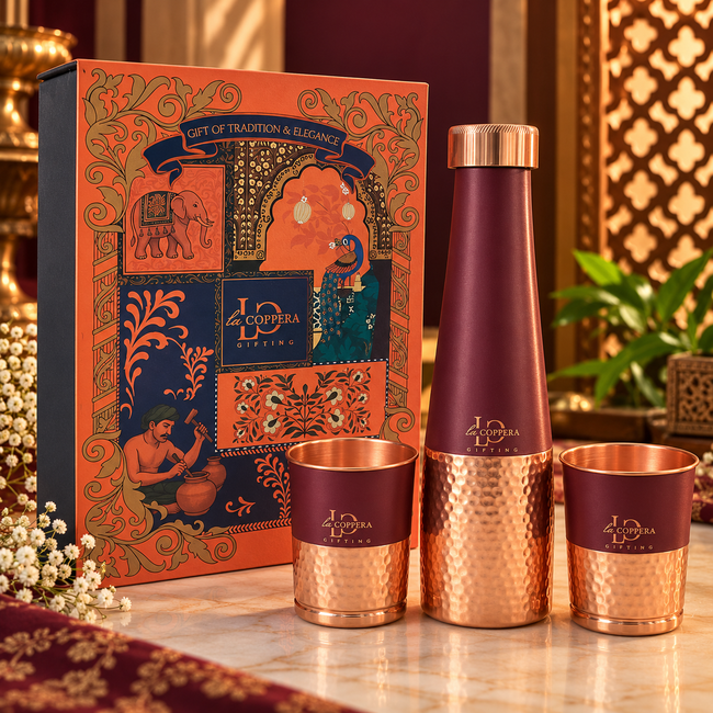 LA COPPERA Choice CoCo Copper Water Bottle with 2 Copper Glasses – 1000 ml