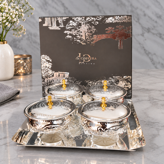 LA COPPERA Aurelia Silver Plated Bowl Set of 5 with Serving Tray