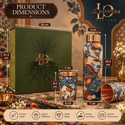 Unique Kaleidoscope Copper Water Bottle with 2 Matching Copper Glasses | Premium Gift Set | LA COPPERA