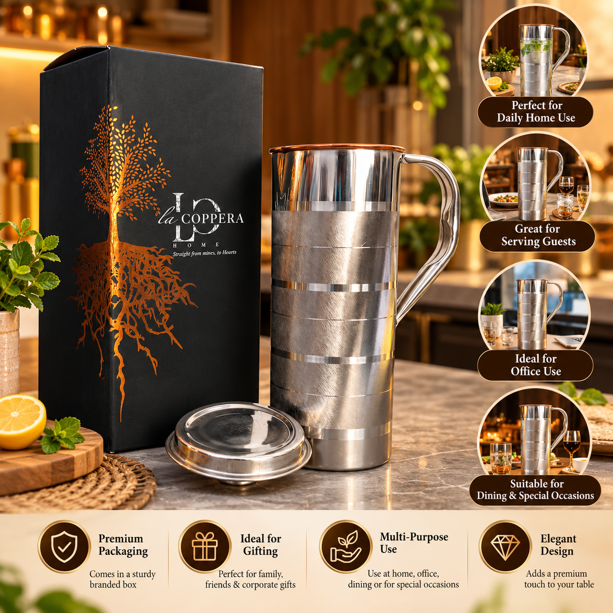 Ayur Jug – Stainless Steel Exterior & Copper Interior, 1000ml | LA COPPERA