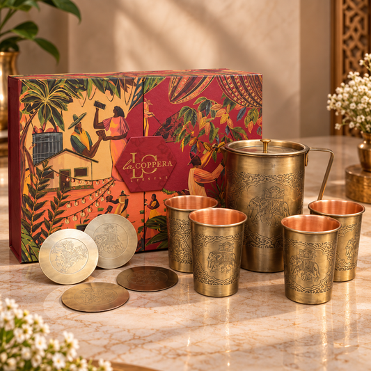 Rajwada Copper Jug Set of 5 with Stainless Steel Serving Tray | La Coppera