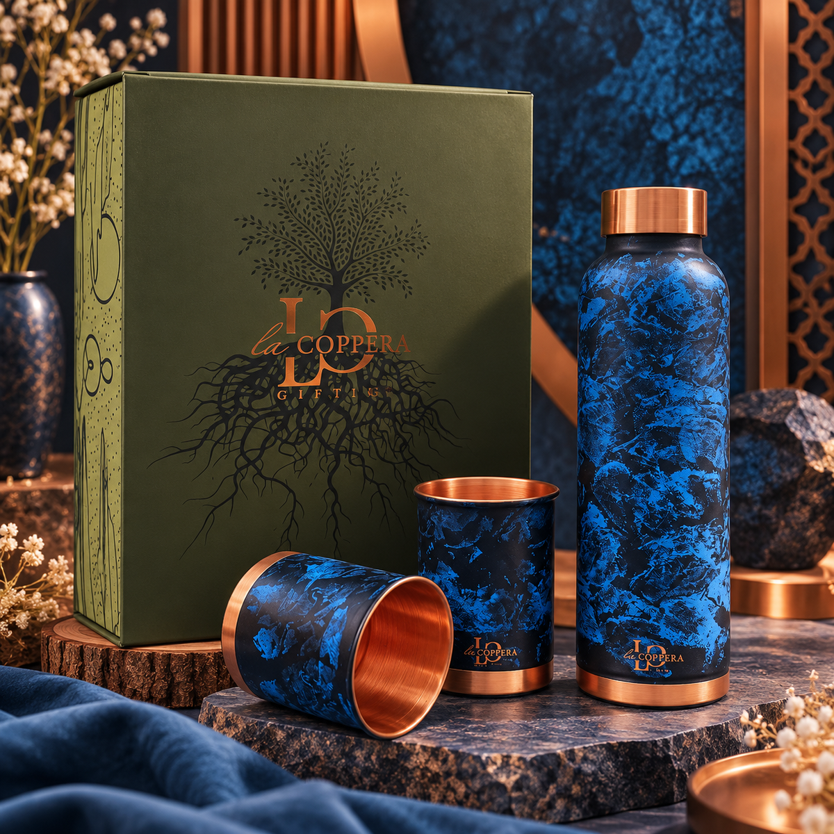 Unique Brush Copper Bottle with 2 Matching Copper Glasses | Premium Gift Set | LA COPPERA