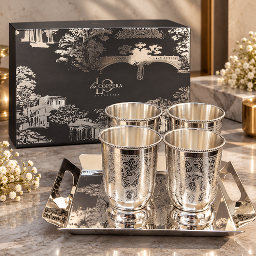 Nexa Silver Plated Stainless Steel Glass Set of 5 with Serving Tray | LA COPPERA