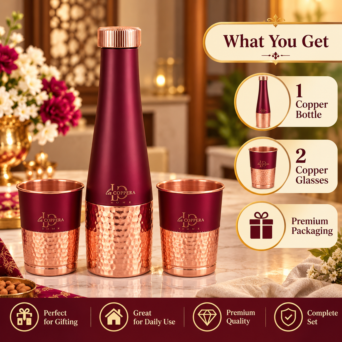LA COPPERA Choice CoCo Copper Water Bottle with 2 Copper Glasses – 1000 ml