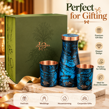 LA COPPERA Bedside Copper Carafe Set with 2 Glasses – Premium Gift Box