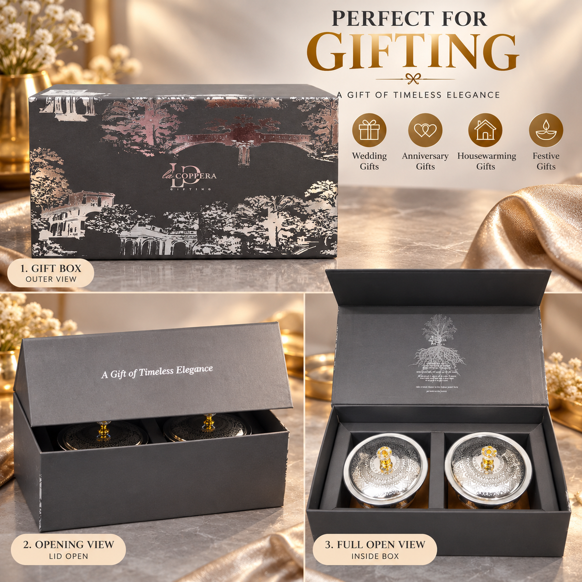 Aurelia Silver Plated Bowl Set of 3 with SS Tray | La Coppera