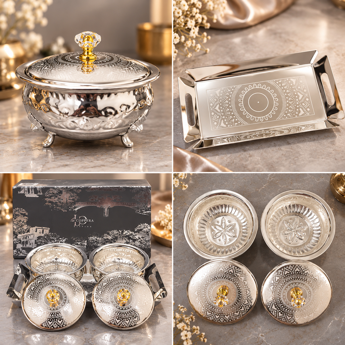 Aurelia Silver Plated Bowl Set of 3 with SS Tray | La Coppera