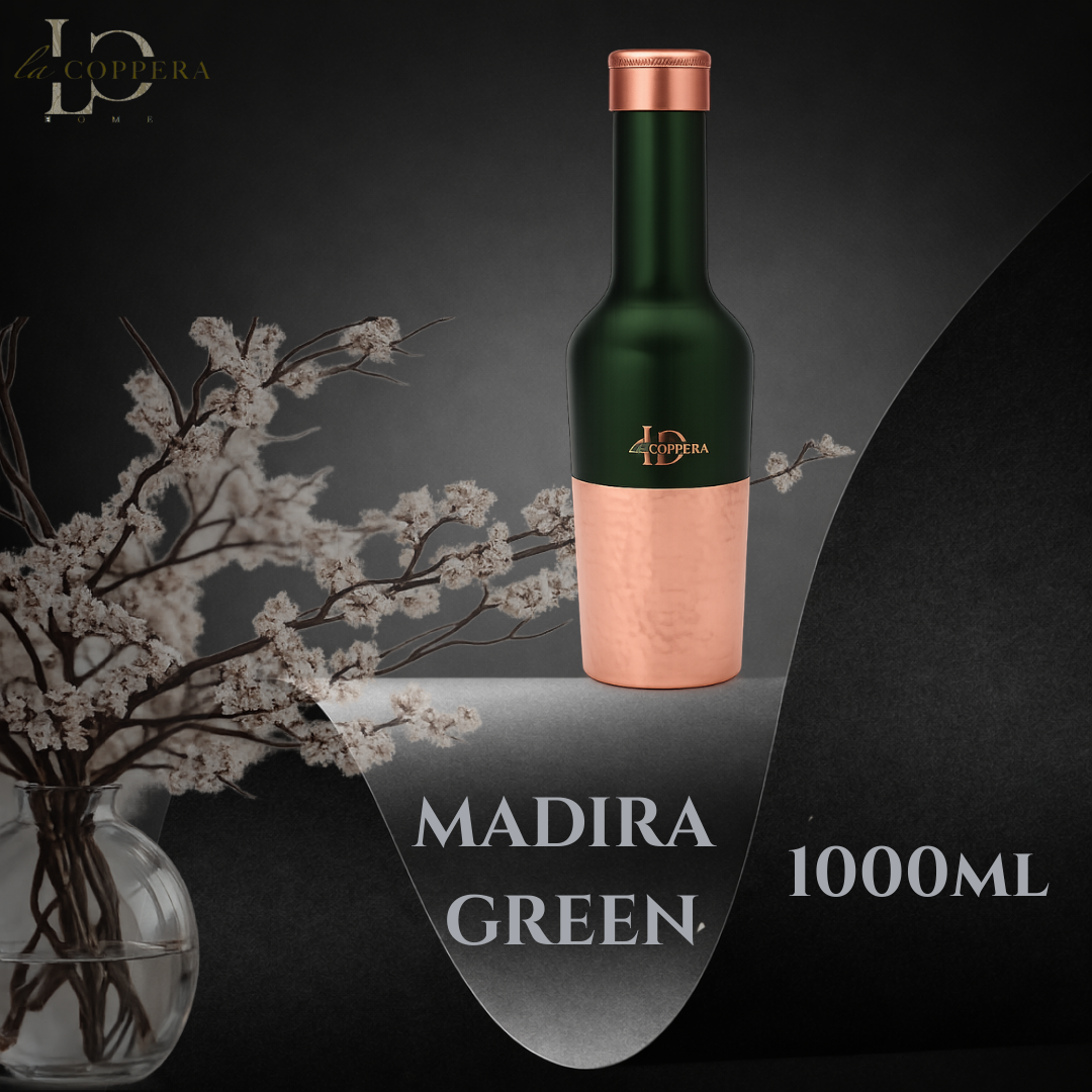 Matte green copper water bottle with hammered copper base