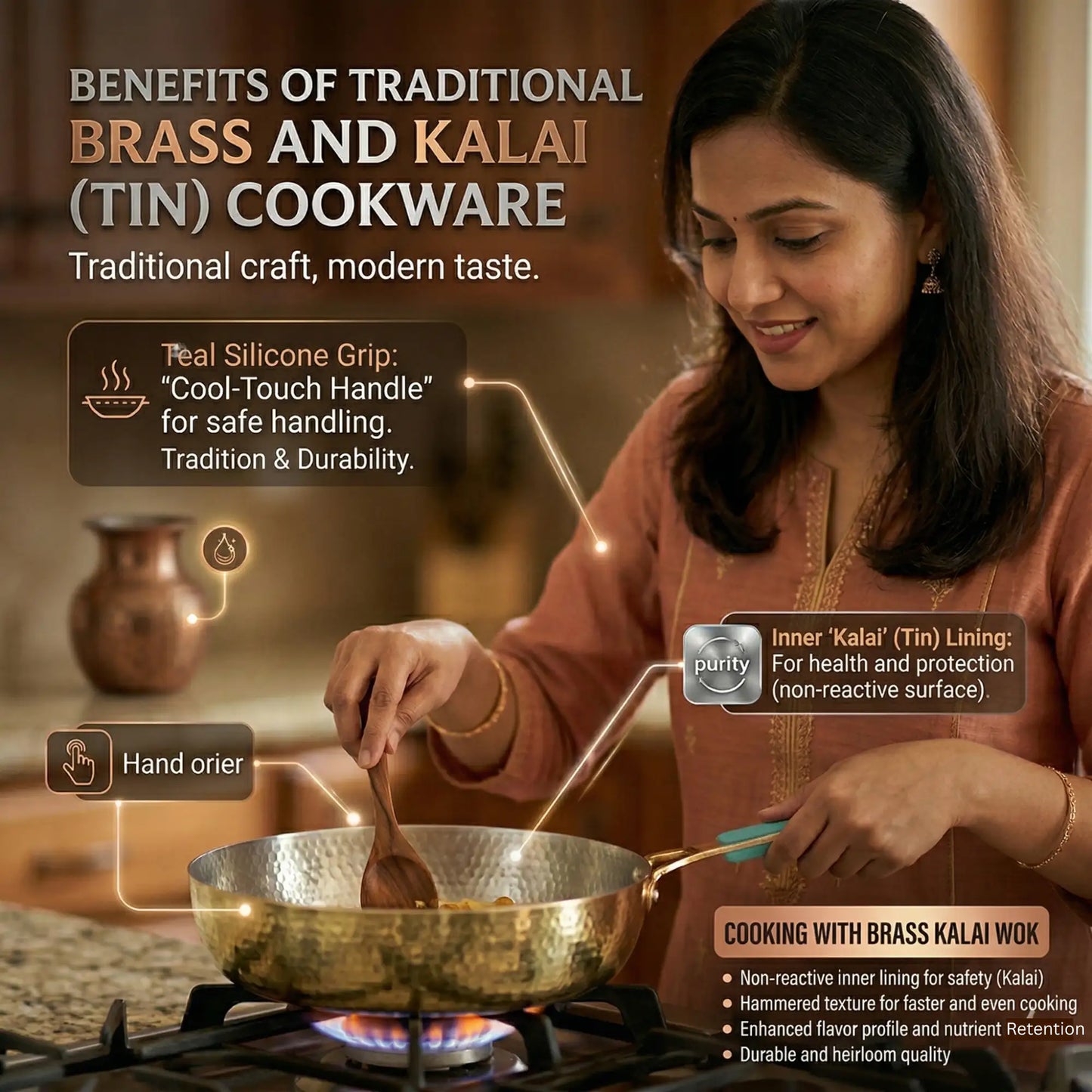 Brass Fry Pan with Food Grade Tin Coating (Kalai) | Handmade Kadhai for Indian Cooking | Healthy & Traditional Cookware