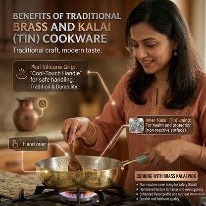Brass Fry Pan with Food Grade Tin Coating (Kalai) | Handmade Kadhai for Indian Cooking | Healthy & Traditional Cookware