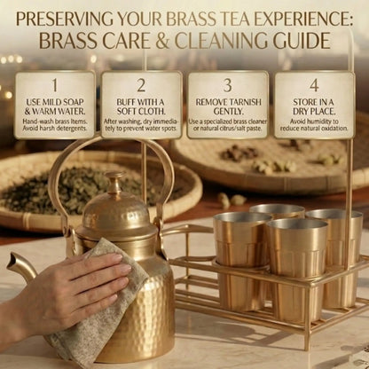 Brass Tapri Tea Set (Set of 5 with Stand) | Cutting Chai Kettle & Glass Set