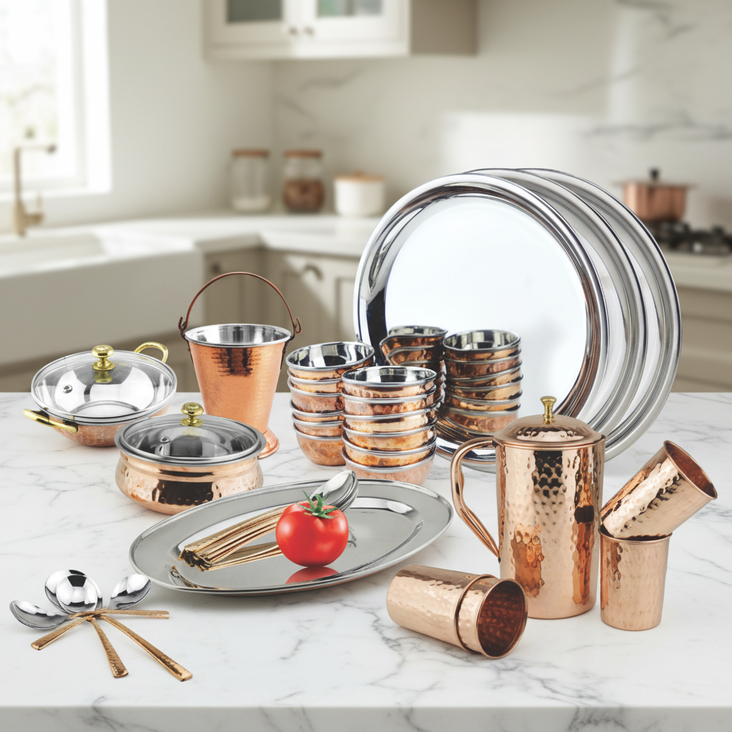 Royal Dinner Set 40 Piece | Copper Brass Stainless Steel Thali Set | La Coppera