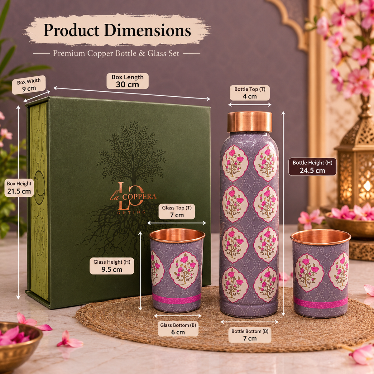 Unique The First Bloom Copper Water Bottle with 2 Matching Copper Glasses | Premium Gift Set | LA COPPERA