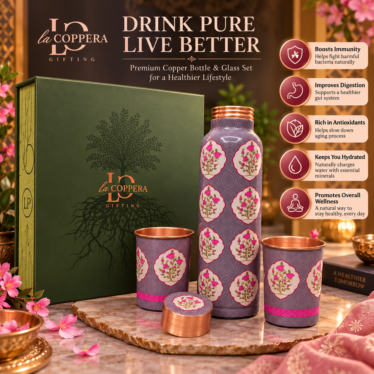 Unique The First Bloom Copper Water Bottle with 2 Matching Copper Glasses | Premium Gift Set | LA COPPERA