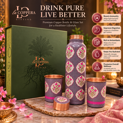 Unique The First Bloom Copper Water Bottle with 2 Matching Copper Glasses | Premium Gift Set | LA COPPERA