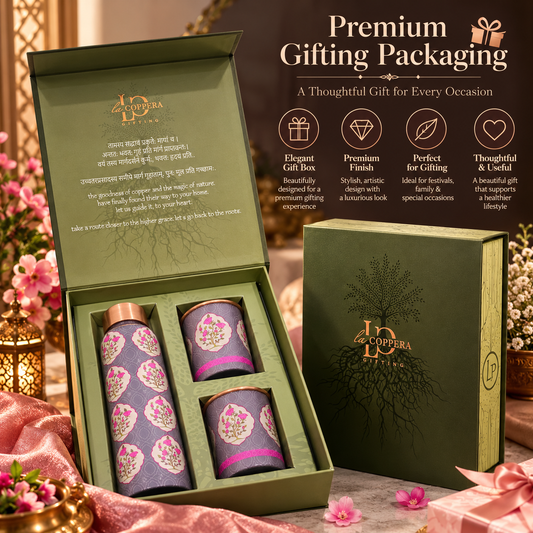 Unique The First Bloom Copper Water Bottle with 2 Matching Copper Glasses | Premium Gift Set | LA COPPERA