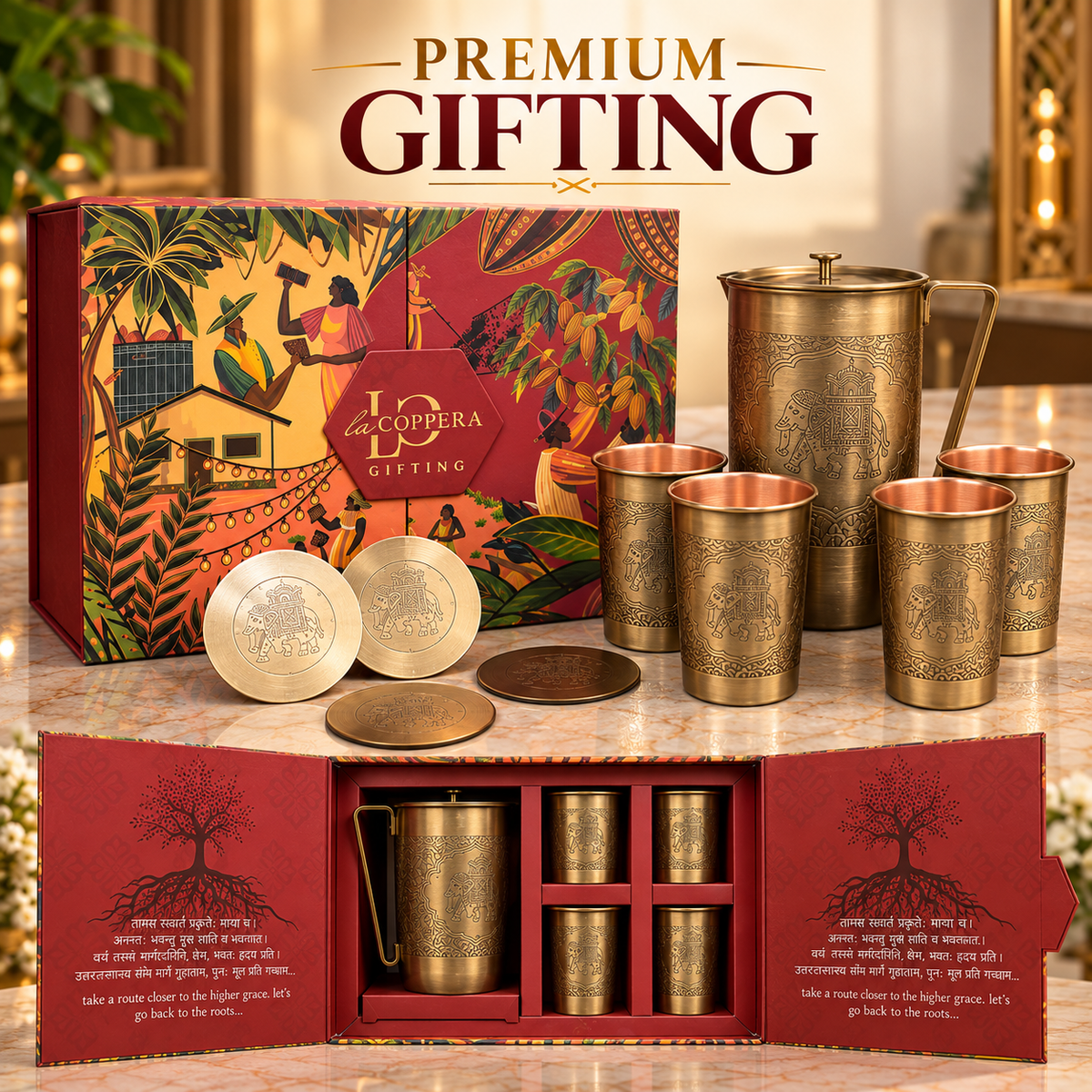 Rajwada Copper Jug Set of 5 with Stainless Steel Serving Tray | La Coppera