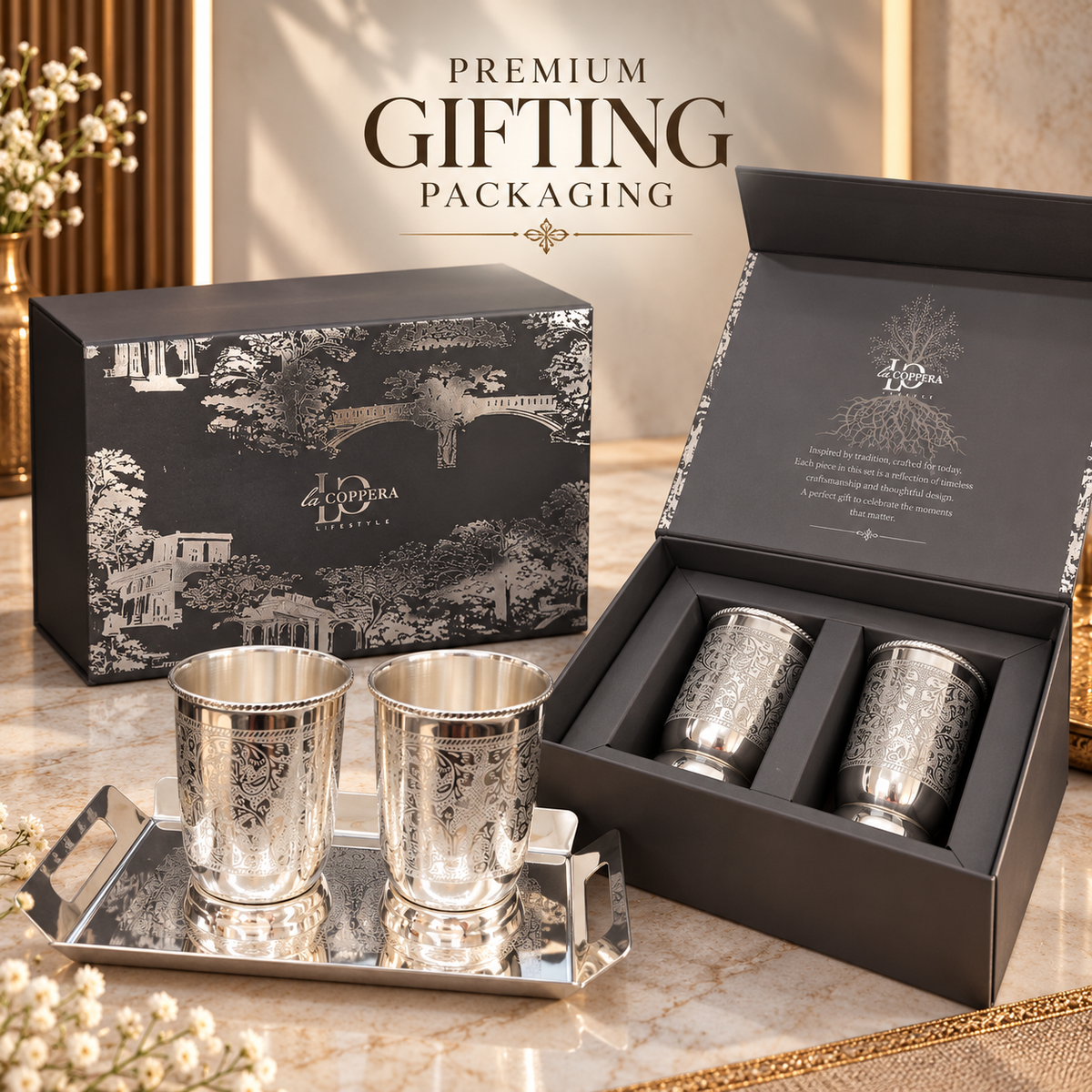 Nexa Silver Plated Stainless Steel Glass Set with Serving Tray