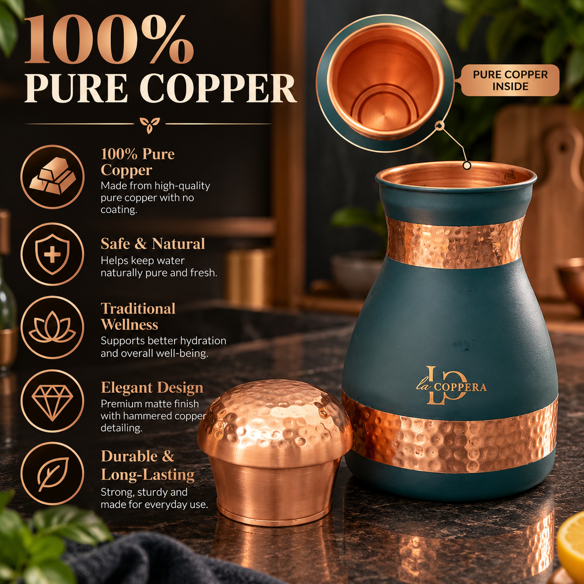 Dolphin Carafe Dust Olive Green Pure Copper | LA COPPERA