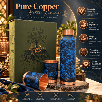Unique Brush Copper Bottle with 2 Matching Copper Glasses | Premium Gift Set | LA COPPERA