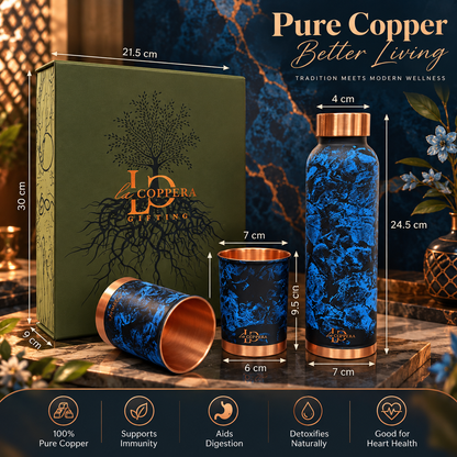 Unique Brush Copper Bottle with 2 Matching Copper Glasses | Premium Gift Set | LA COPPERA