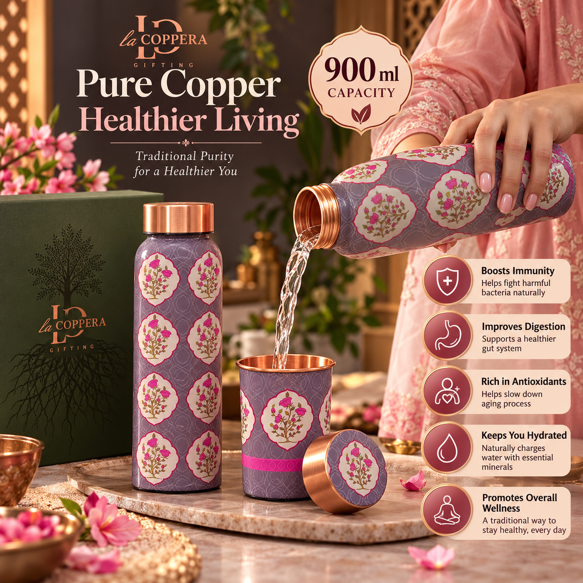Unique The First Bloom Copper Water Bottle with 2 Matching Copper Glasses | Premium Gift Set | LA COPPERA