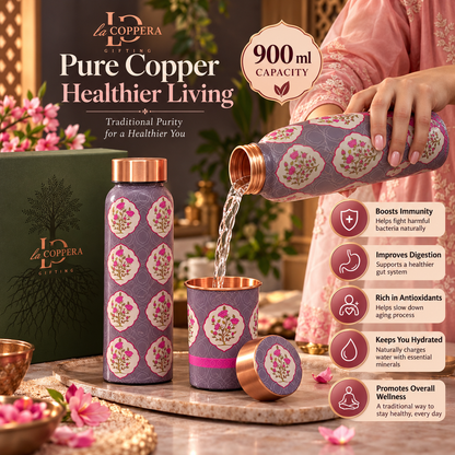 Unique The First Bloom Copper Water Bottle with 2 Matching Copper Glasses | Premium Gift Set | LA COPPERA