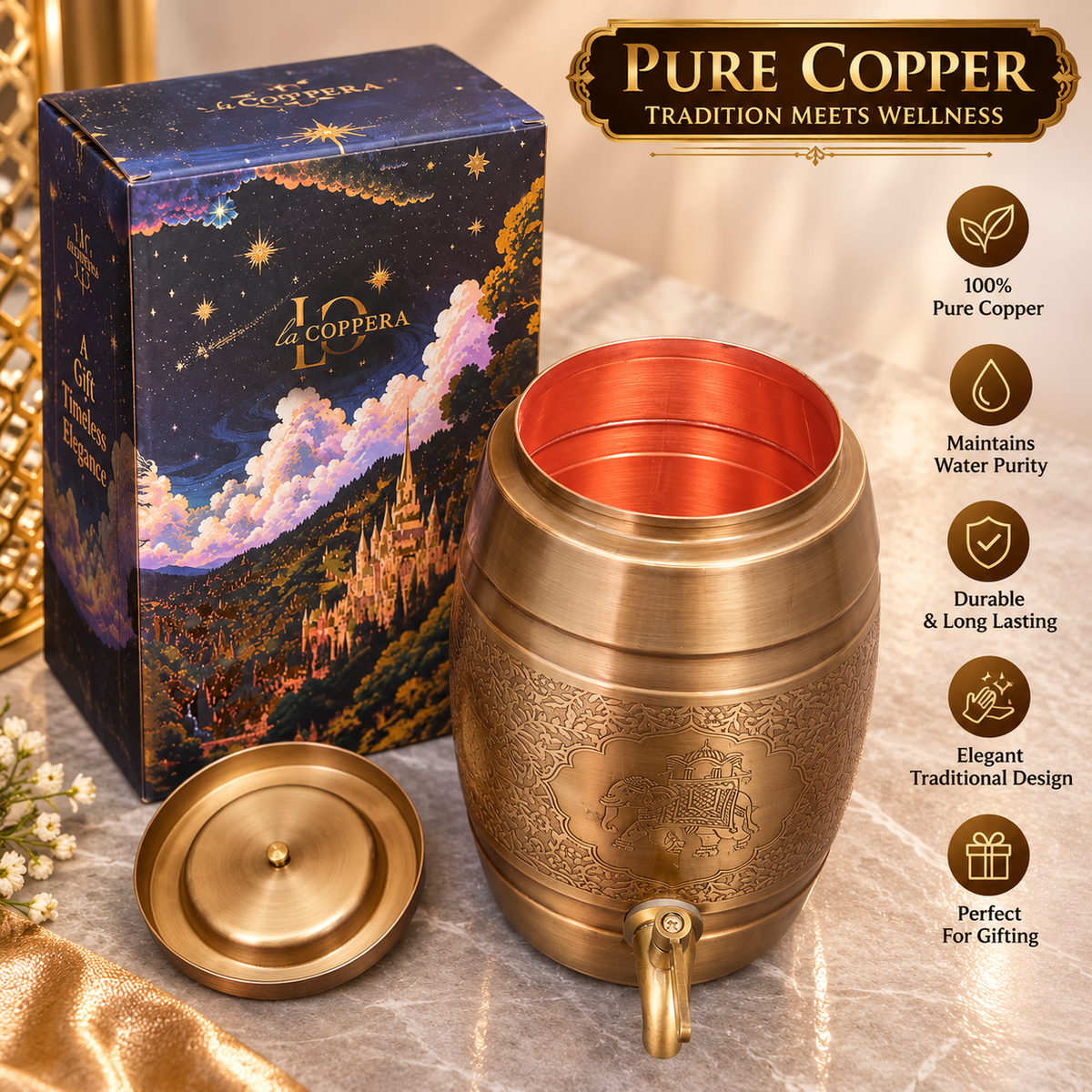 Pipa Sepia Gold Pure Copper Water Dispenser with Tap – Antique Brass Finish
