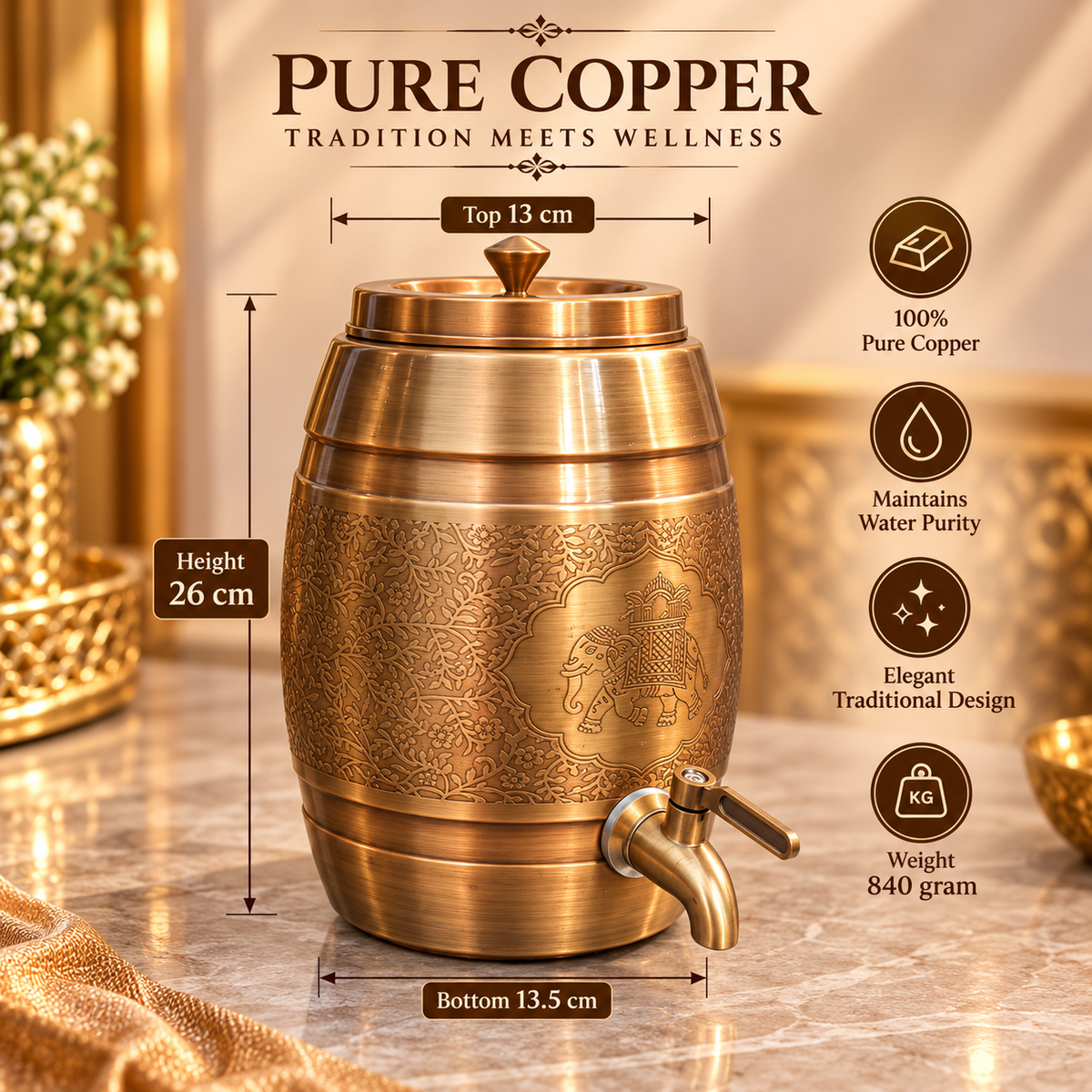 Pipa Sepia Gold Pure Copper Water Dispenser with Tap – Antique Brass Finish