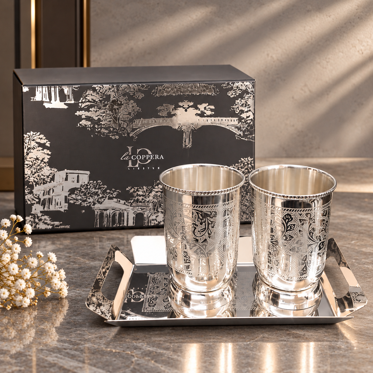 Nexa Silver Plated Stainless Steel Glass Set with Serving Tray