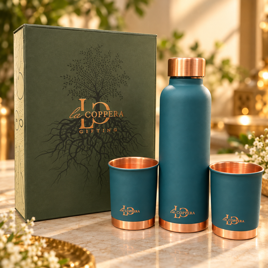 Unique Dust Olive Green Copper Bottle & Glass Set | LA COPPERA