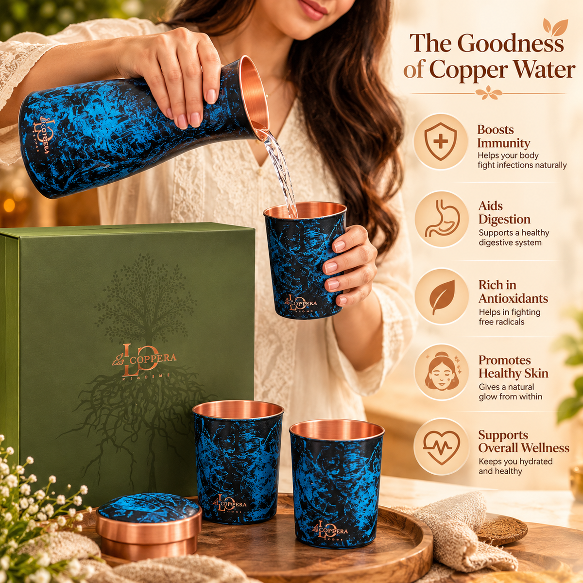 LA COPPERA Bedside Copper Carafe Set with 2 Glasses – Premium Gift Box